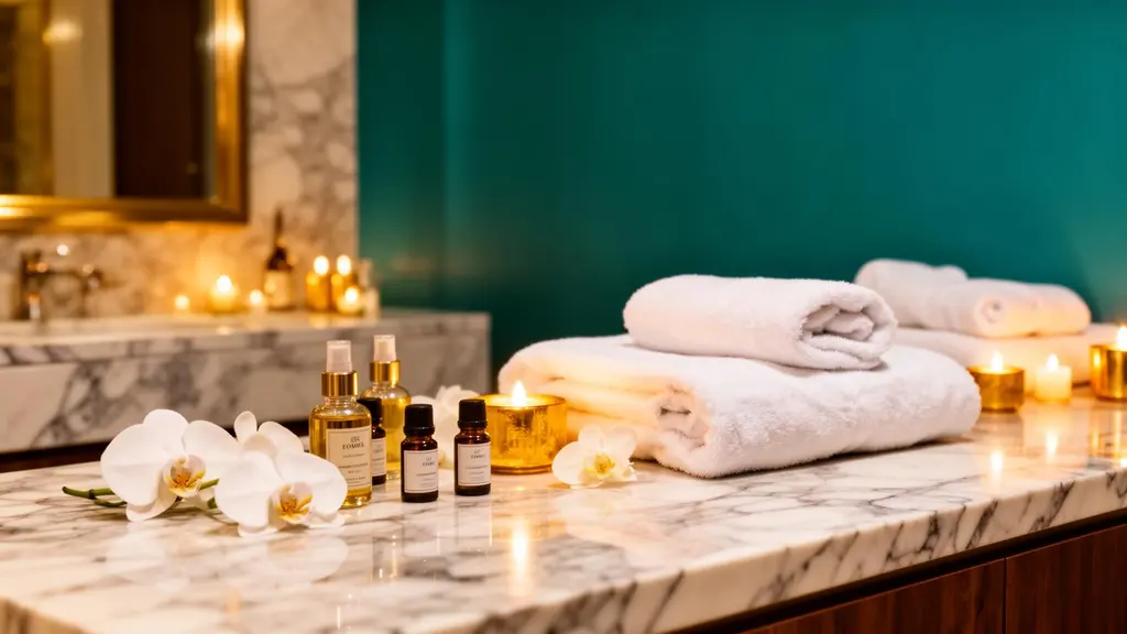 Tranquil spa setting with candles, warm towels and aromatic oils at Moonlight Day Spa and Happy Feet in New Jersey